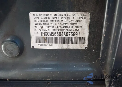 2004 Honda Accord 2.4 Ex from USA, damaged, VIN 1HGCM56604A075891